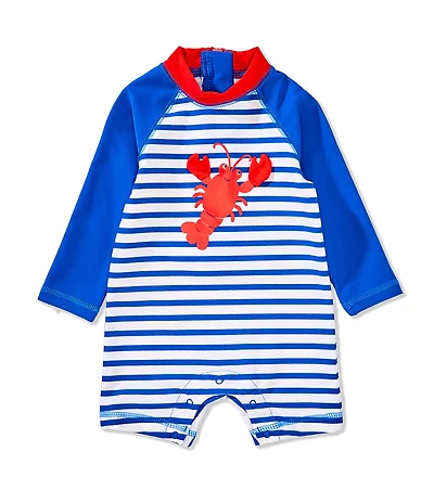 Little Me Baby Boys Raglan-Sleeve Striped/Solid Color Block/Lobster-Motif Rashguard Swimsuit