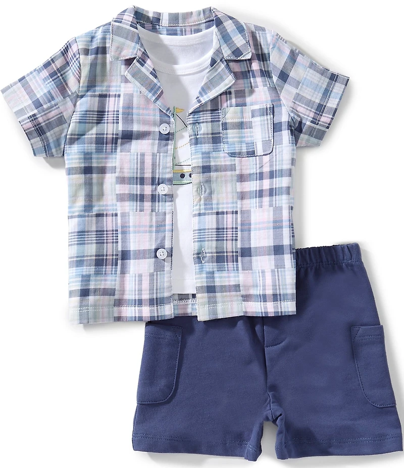 Little Me Baby Boys Cotton Short-Sleeve Plaid Woven Shirt, Short-Sleeve Graphic Jersey T-Shirt & Solid Shorts Set