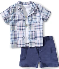 Little Me Baby Boys Cotton Short-Sleeve Plaid Woven Shirt, Short-Sleeve Graphic Jersey T-Shirt & Solid Shorts Set