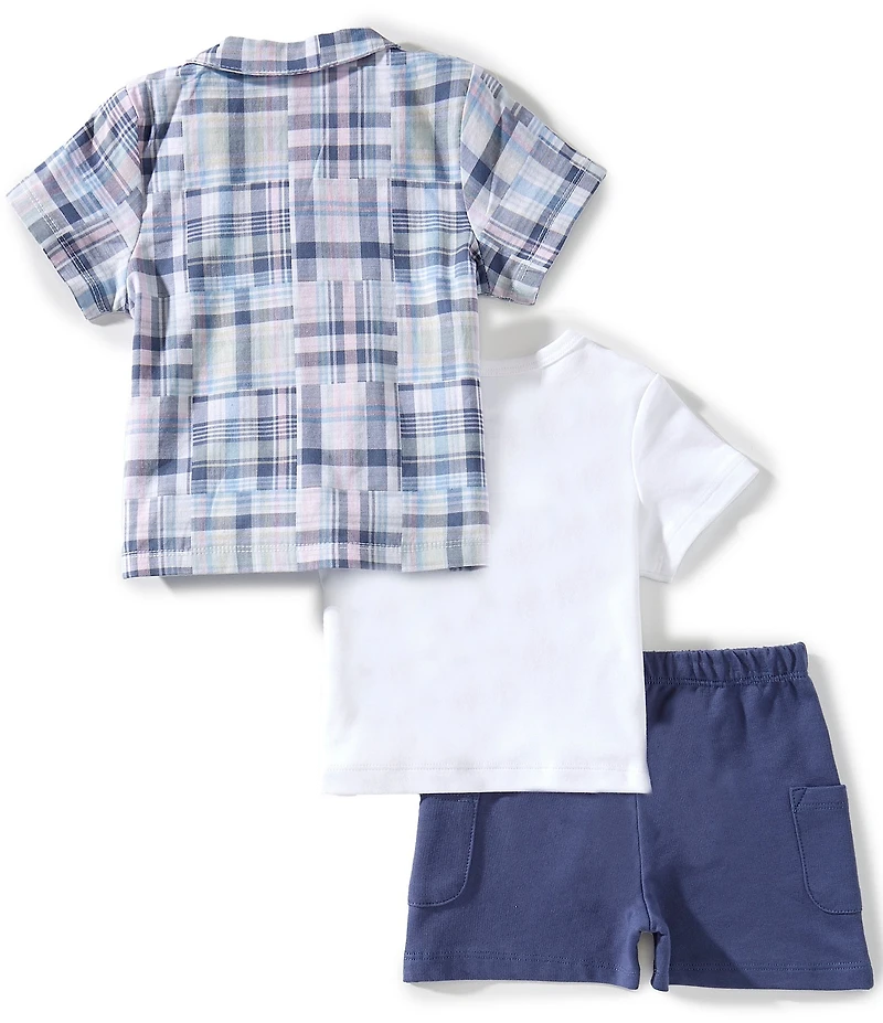 Little Me Baby Boys Cotton Short-Sleeve Plaid Woven Shirt, Short-Sleeve Graphic Jersey T-Shirt & Solid Shorts Set