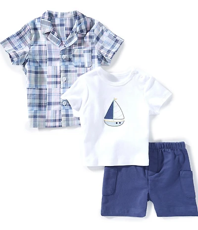 Little Me Baby Boys Cotton Short-Sleeve Plaid Woven Shirt, Short-Sleeve Graphic Jersey T-Shirt & Solid Shorts Set