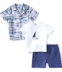 Little Me Baby Boys Cotton Short-Sleeve Plaid Woven Shirt, Short-Sleeve Graphic Jersey T-Shirt & Solid Shorts Set