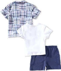 Little Me Baby Boys Cotton Short-Sleeve Plaid Woven Shirt, Short-Sleeve Graphic Jersey T-Shirt & Solid Shorts Set
