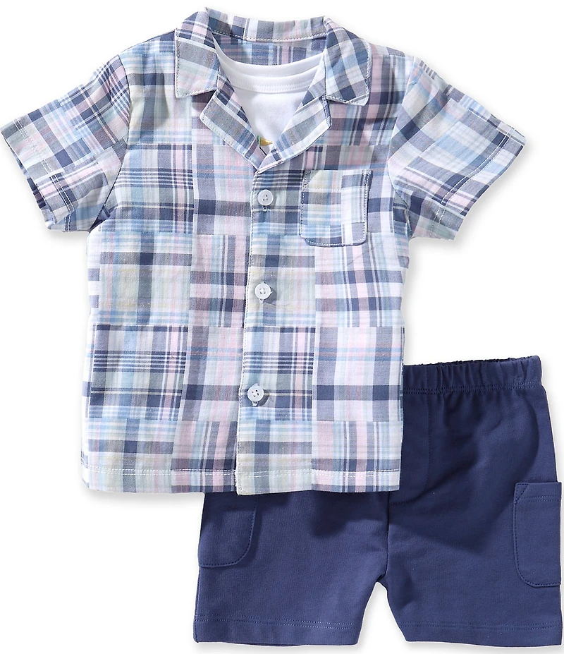 Little Me Baby Boys Cotton Short-Sleeve Plaid Woven Shirt, Short-Sleeve Graphic Jersey T-Shirt & Solid Shorts Set