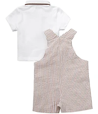 Little Me Baby Boys Cotton Short Sleeve Polo & Striped Seersucker Puppies Jon Jon Overalls Set