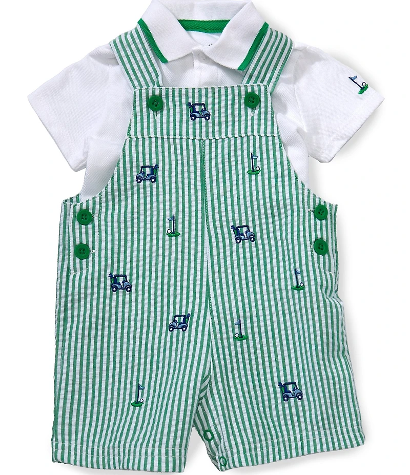 Little Me Baby Boys Cotton Seersucker Golf-Motif-Embroidered Overall Jon Jon & Solid Short-Sleeve Knit Polo Shirt Set
