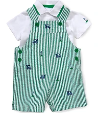 Little Me Baby Boys Cotton Seersucker Golf-Motif-Embroidered Overall Jon Jon & Solid Short-Sleeve Knit Polo Shirt Set