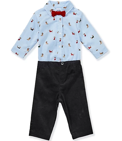 Little Me Baby Boys Long-Sleeve Party Pups Herringbone Bodysuit & Solid Corduroy Pants Set