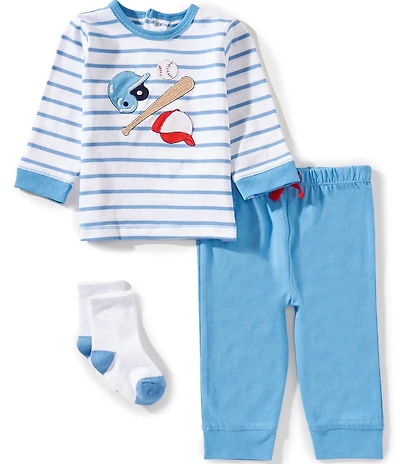 Little Me Baby Boys Long Sleeve Stripe Baseball Top & Jogger 3-Piece Set With Socks