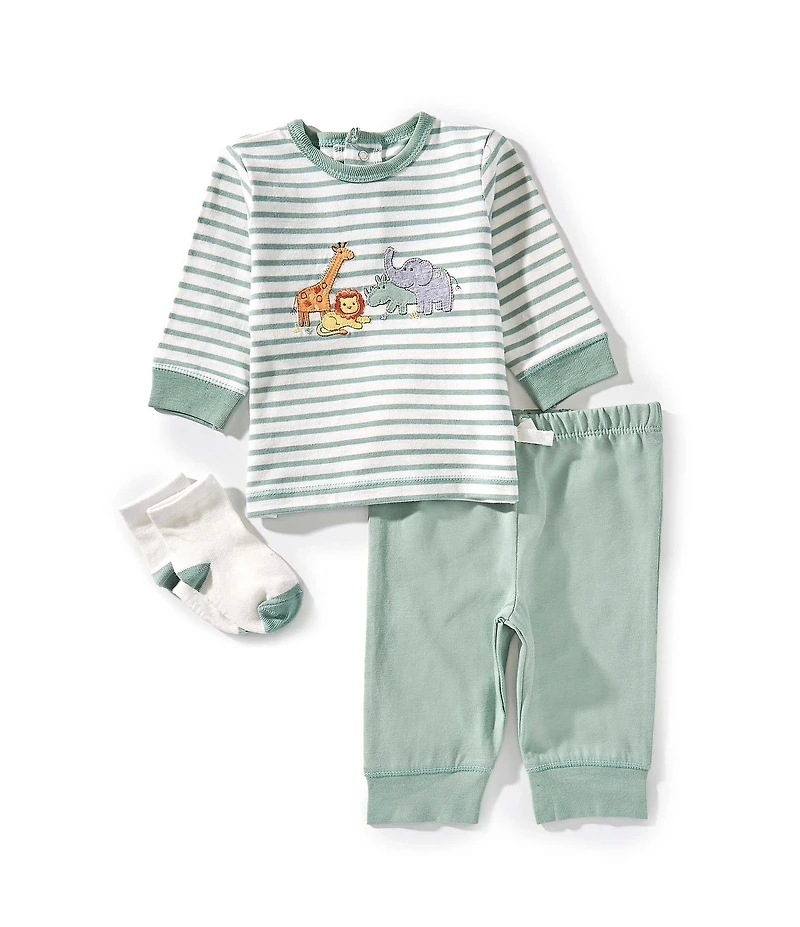 Little Me Baby Boys Long Sleeve Striped Jungle T-Shirt, Matching Jogger Pants, & Sock Set