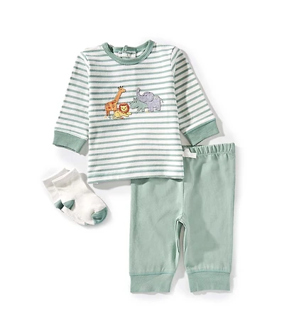 Little Me Baby Boys Long Sleeve Striped Jungle T-Shirt, Matching Jogger Pants, & Sock Set