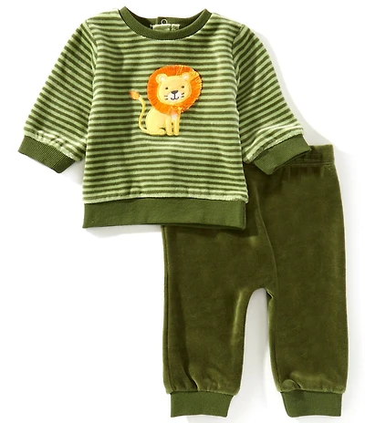 Little Me Baby Boys Long-Sleeve Striped Lion-Motif Velour Sweatshirt & Solid Velour Jogger Pants Set