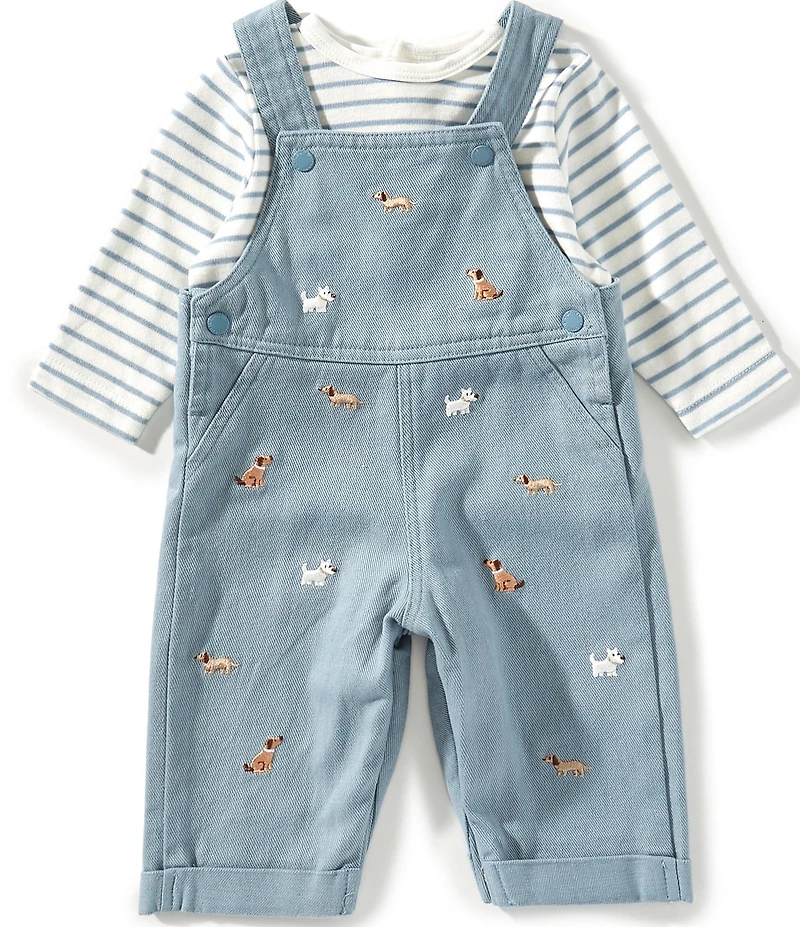 Little Me Baby Boys Long Sleeve Striped T-Shirt & Printed Doggies Overall Set