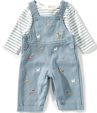 Little Me Baby Boys Long Sleeve Striped T-Shirt & Printed Doggies Overall Set