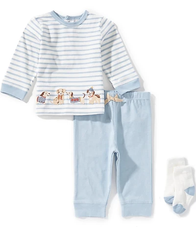Little Me Baby Boys Cotton Long-Sleeve Striped/Puppy-Border-Hem T-Shirt & Solid Jogger Pant Set