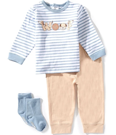 Little Me Baby Boys Long Sleeve Woof Top & Matching Jogger & Sock 3-Piece Set