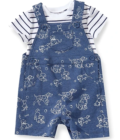 Little Me Baby Boys Organic Cotton Sleeveless Puppy Shortall & Short-Sleeve Striped T-Shirt Set