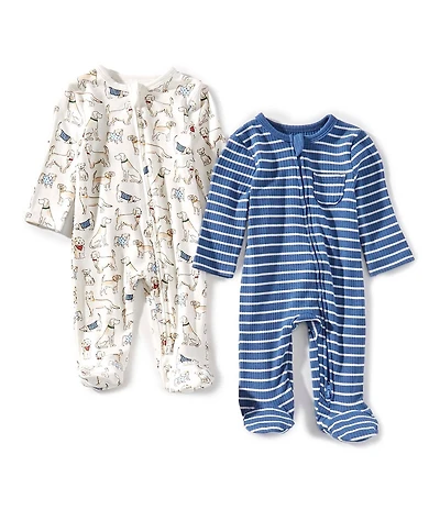 Little Me Baby Boys Puppy Printed Bamboo-Blend Footed Coverall & Striped Bamboo-Blend Footed Coverall Set