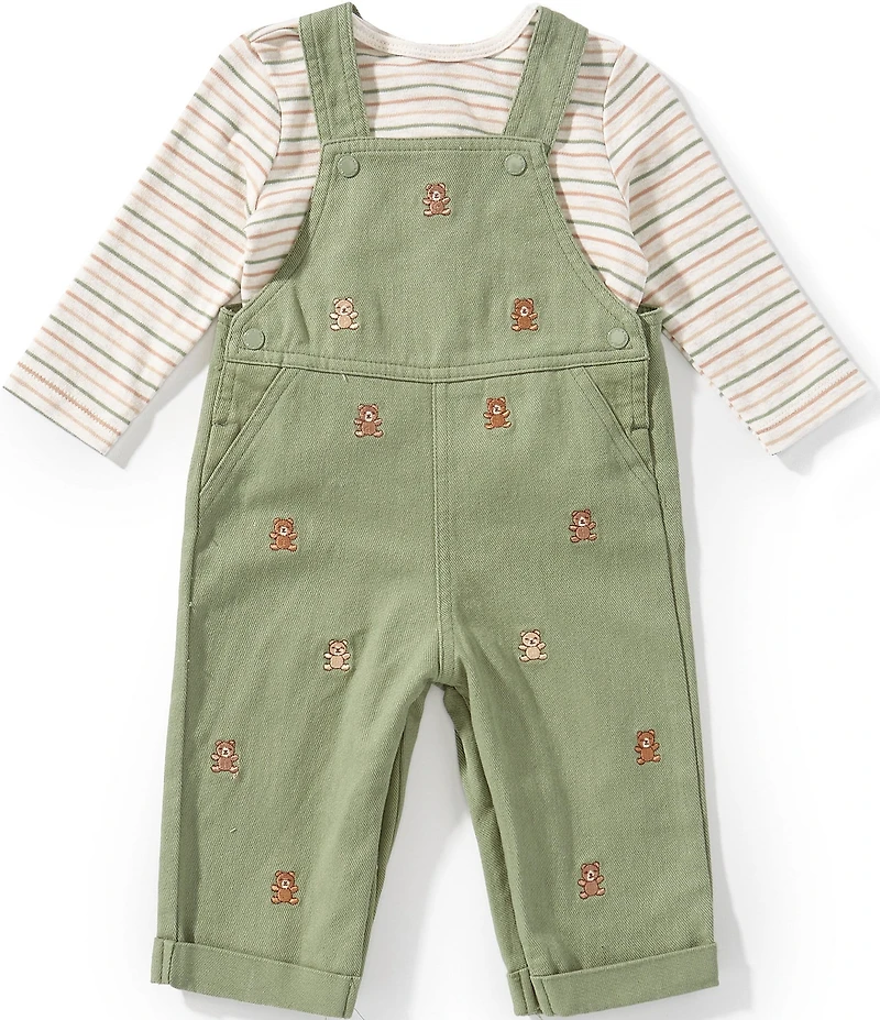 Little Me Baby Boys Cotton Sleeveless Bear Overalls & Long-Sleeve Striped T-Shirt Set
