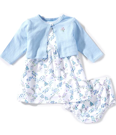 Little Me Baby Girls Blue Cardigan & Flowers Dress With Matching Bloomer 3-Piece Set