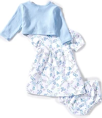 Little Me Baby Girls Blue Cardigan & Flowers Dress With Matching Bloomer 3-Piece Set