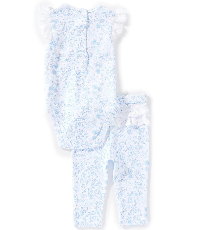 Little Me Baby Girl Short Ruffle Sleeve Floral Print Bodysuit & Pants With Headband Set