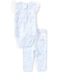 Little Me Baby Girl Short Ruffle Sleeve Floral Print Bodysuit & Pants With Headband Set