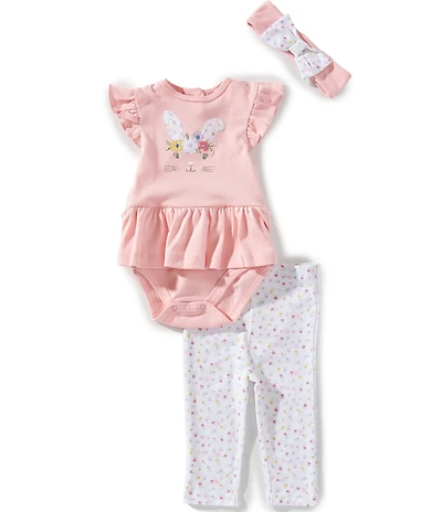 Little Me Baby Girls Adorable Bunny Bodysuit & Coordinating Printed Pants 3-Piece Set With Headband