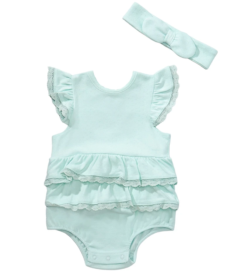 Little Me Baby Girls Bamboo Flutter-Sleeve Lace-Accented Tiered Ruffle Skirt Bodysuit