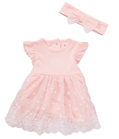 Little Me Baby Girls Cotton Flutter Sleeve Lace Embroidered Mesh Skirted Bodysuit & Headband Set