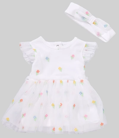 Little Me Baby Girls Cotton Flutter Sleeve Embroidered Flowers Mesh Skirted Bodysuit & Headband Set