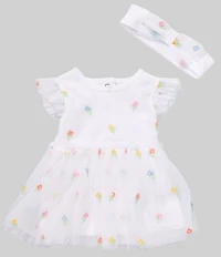 Little Me Baby Girls Cotton Flutter Sleeve Embroidered Flowers Mesh Skirted Bodysuit & Headband Set