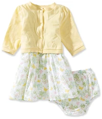 Little Me Baby Girls Cotton Long-Sleeve Solid Cardigan & Sleeveless Ruffle Garden-Printed Shift Dress Set