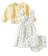 Little Me Baby Girls Cotton Long-Sleeve Solid Cardigan & Sleeveless Ruffle Garden-Printed Shift Dress Set