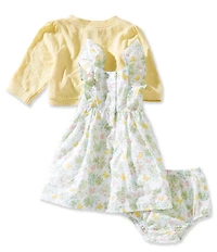 Little Me Baby Girls Cotton Long-Sleeve Solid Cardigan & Sleeveless Ruffle Garden-Printed Shift Dress Set