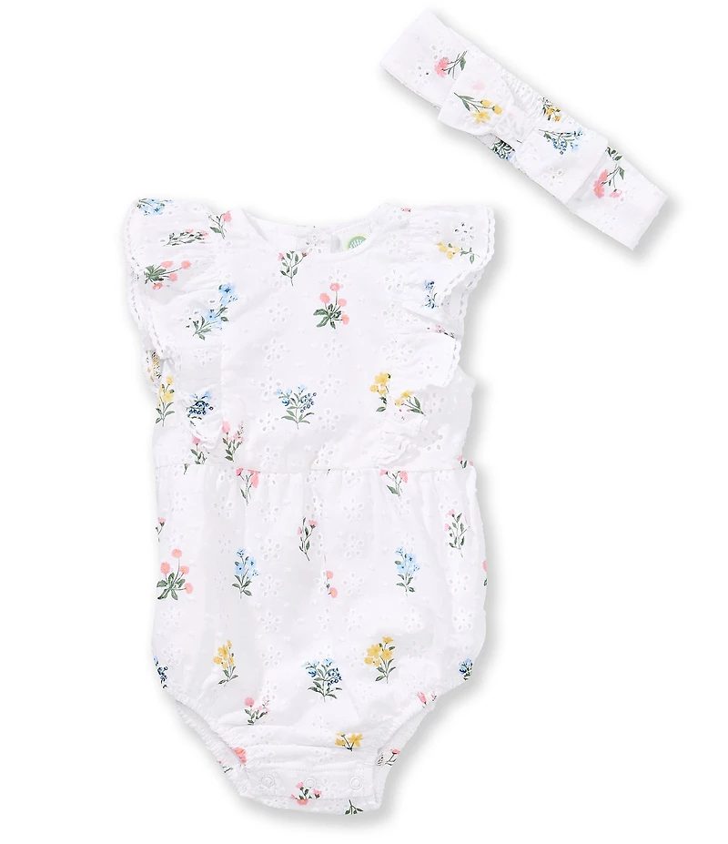Little Me Baby Girls Cotton Ruffle Flutter Sleeve Floral Print Eyelet Embroidered Bodysuit & Headband Set