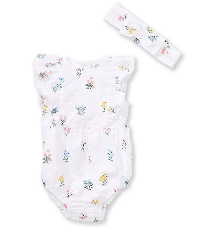 Little Me Baby Girls Cotton Ruffle Flutter Sleeve Floral Print Eyelet Embroidered Bodysuit & Headband Set