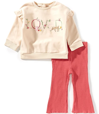 Little Me Baby Girls Embroidered Ruffle Long Sleeve Sweatshirt & Ribbed Flared Leggings 2-Piece Set