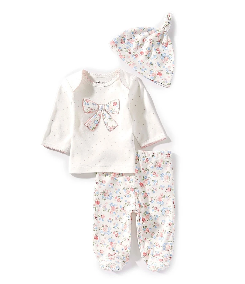 Little Me Baby Girls Floral Bow Lab-Shoulder Top & Floral Patterns Footie Bottoms Pants, & Hat Set