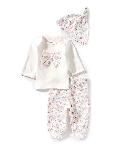 Little Me Baby Girls Floral Bow Lab-Shoulder Top & Floral Patterns Footie Bottoms Pants, & Hat Set