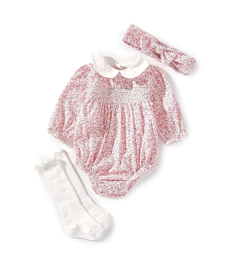 Little Me Baby Girls Floral Woven Bubble Outfit & Matching Pink Floral Headband & Coordinating Socks Set