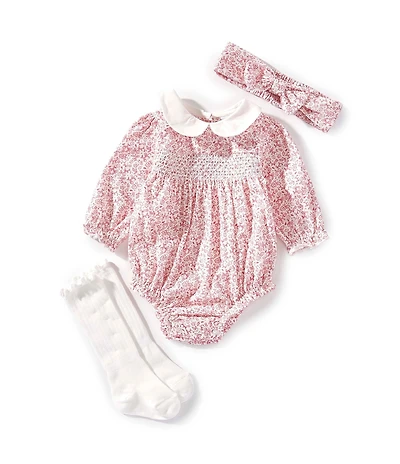 Little Me Baby Girls Floral Woven Bubble Outfit & Matching Pink Floral Headband & Coordinating Socks Set