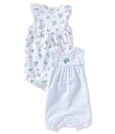 Little Me Baby Girls Flutter Sleeve Blueberry Printed Romper & Flutter Sleeve Striped Embroidered Blueberry Motif Romper 2-Pack