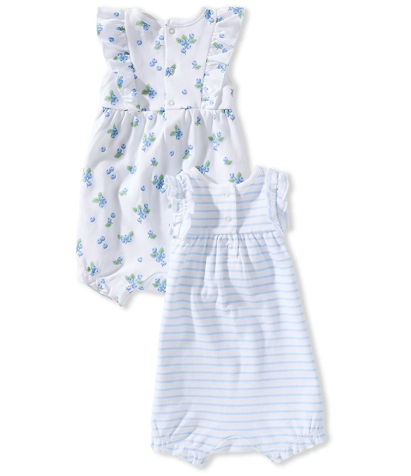 Little Me Baby Girls Flutter Sleeve Blueberry Printed Romper & Flutter Sleeve Striped Embroidered Blueberry Motif Romper 2-Pack