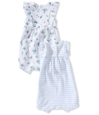 Little Me Baby Girls Flutter Sleeve Blueberry Printed Romper & Flutter Sleeve Striped Embroidered Blueberry Motif Romper 2-Pack
