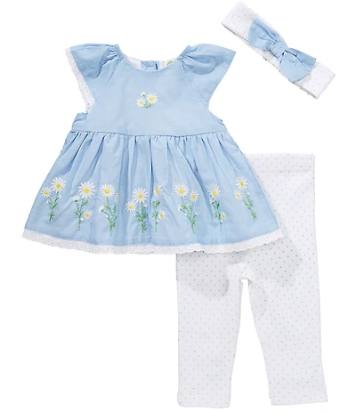 Little Me Baby Girls Flutter-Sleeve Daisy-Border-Patterned Tunic Top & Solid Leggings Set