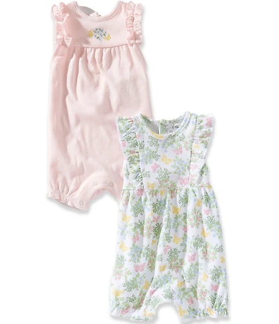 Little Me Baby Girls Cotton Flutter Sleeve Floral Printed Romper & Flutter Sleeve Solid Floral/Butterfly Motif Romper Two-Pack