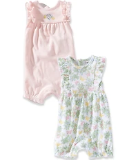 Little Me Baby Girls Cotton Flutter Sleeve Floral Printed Romper & Flutter Sleeve Solid Floral/Butterfly Motif Romper Two-Pack
