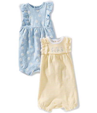 Little Me Baby Girls Flutter-Sleeve Daisy-Printed Romper & Flutter-Sleeve Striped Daisy Embroidery Romper 2-Pack