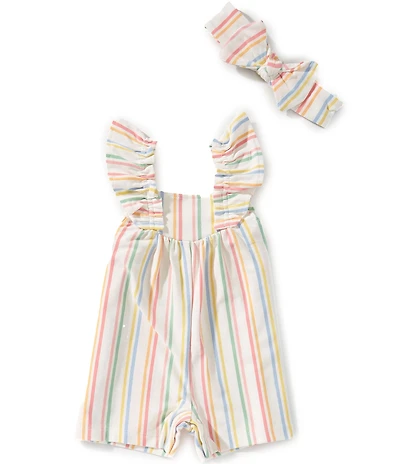 Little Me Baby Girls Flutter Sleeve Multi-Color Stripe Knit Romper & Bow Headband Set